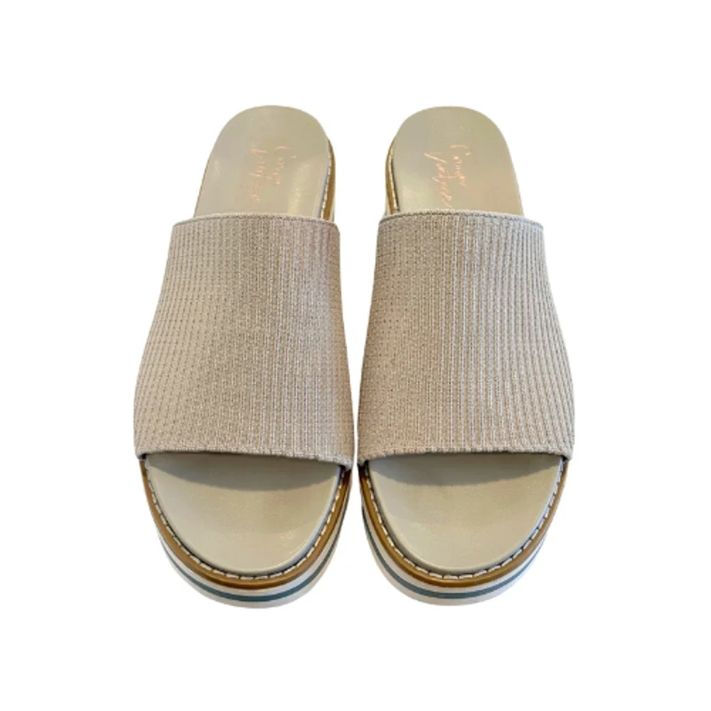 Crown Vintage Beige Ribbed Slide Sandal with Striped Platform